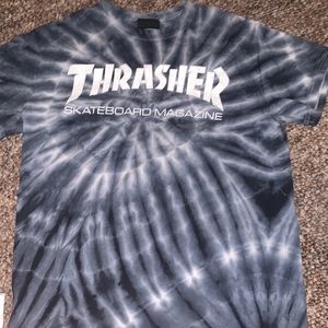 blue and white tie dye thrasher shirt